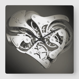 Vintage Steampunk Mechanical Heart - B&W Square Wall Clock