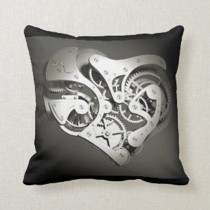 Vintage Steampunk Mechanical Heart - Platinum B&W Cushion