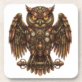 Vintage Steampunk Mechanical Owl Glossy Hard Plast Coaster