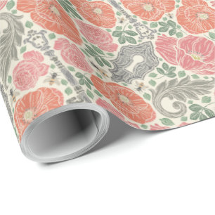 Vintage Steampunk Old Lock Key Red Poppy Wrapping Paper