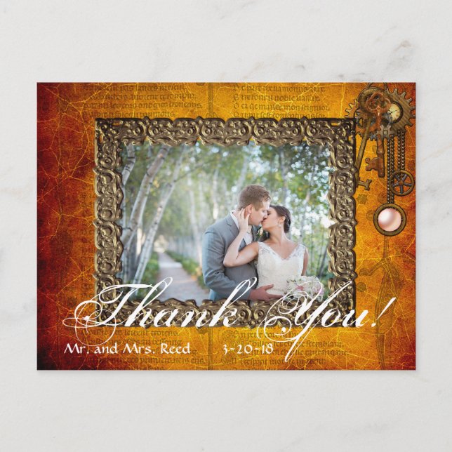 Vintage Steampunk Photo Thank You Wedding Postcard (Front)