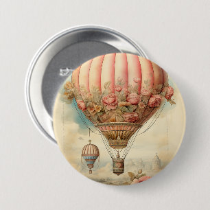 Vintage Steampunk Pink Floral Hot Air Balloon 7.5 Cm Round Badge