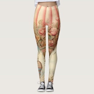 Vintage Steampunk Pink Floral Hot Air Balloon Leggings