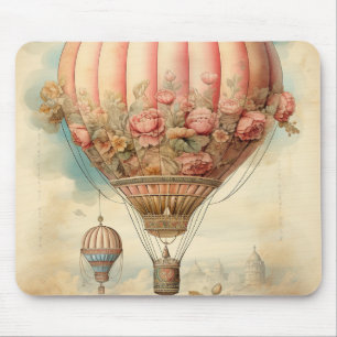Vintage Steampunk Pink Floral Hot Air Balloon Mouse Pad