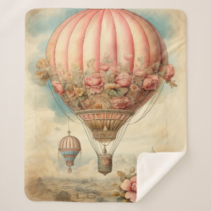 Vintage Steampunk Pink Floral Hot Air Balloon Sherpa Blanket