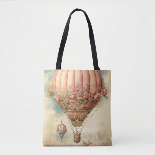 Vintage Steampunk Pink Floral Hot Air Balloon Tote Bag