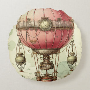 Vintage Steampunk Pink Hot Air Balloon (2) Round Cushion