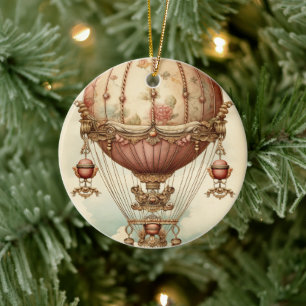 Vintage Steampunk Pink Hot Air Balloon Ceramic Ornament