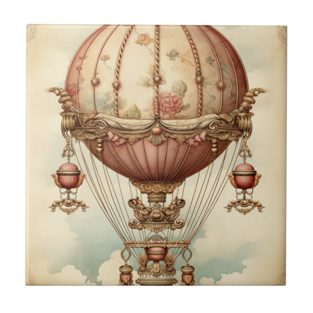 Vintage Steampunk Pink Hot Air Balloon Ceramic Tile (Front)