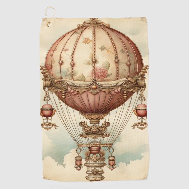 Vintage Steampunk Pink Hot Air Balloon Golf Towel (Front)