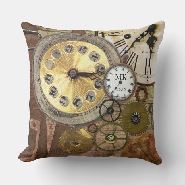 Vintage Steampunk Retro Clock Gears Antique Gold Outdoor Cushion (Front)