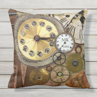 Vintage Steampunk Retro Clock Gears Antique Gold Outdoor Cushion