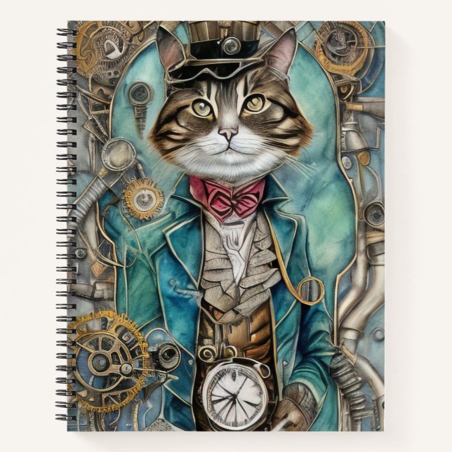 Vintage Steampunk Tabby Cat Notebook (Front)