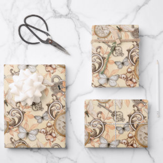 Vintage Steampunk Watch and Butterflies Pastel Wrapping Paper Sheet