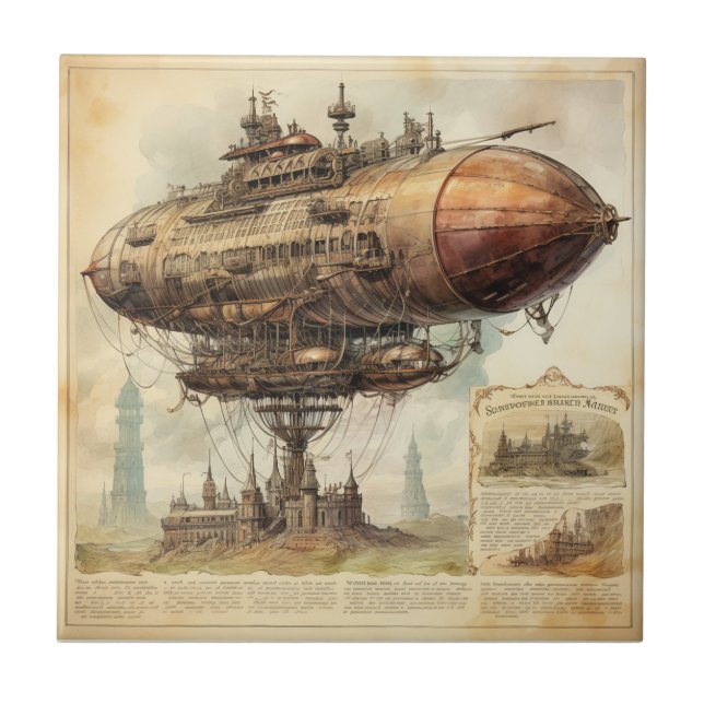 Vintage Steampunk Zeppelin (10) Ceramic Tile (Front)