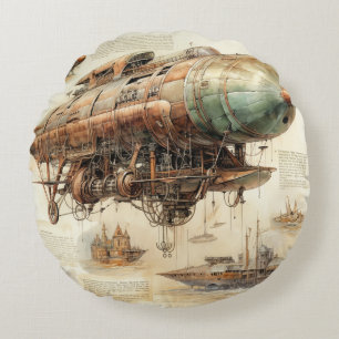 Vintage Steampunk Zeppelin (4) Round Cushion