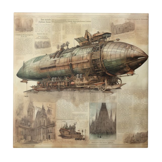 Vintage Steampunk Zeppelin (5) Ceramic Tile (Front)