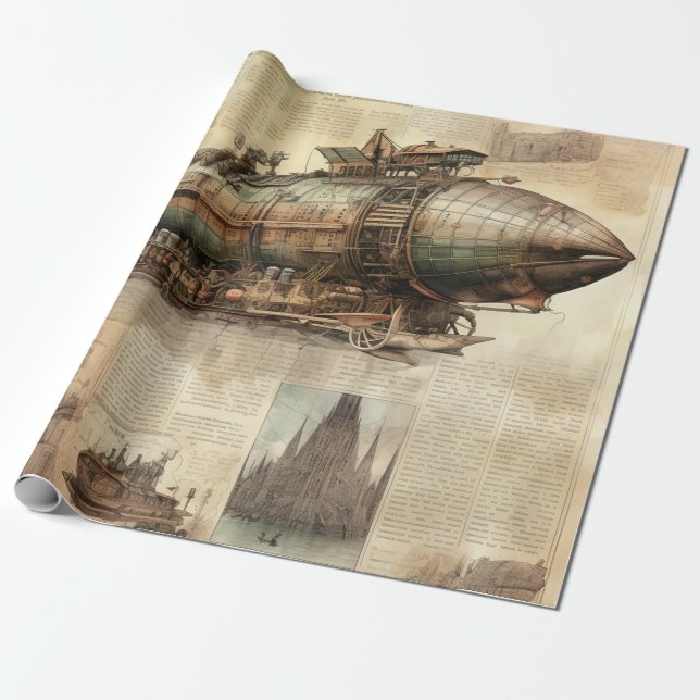 Vintage Steampunk Zeppelin (5) Wrapping Paper (Unrolled)