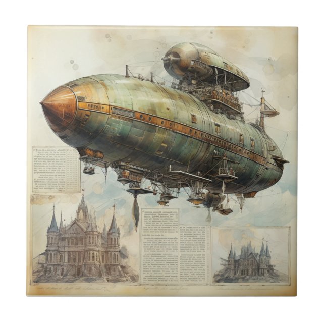 Vintage Steampunk Zeppelin (7) Ceramic Tile (Front)