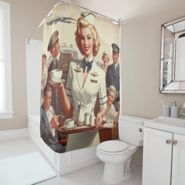 Vintage steward pin up shower curtain (In Situ)