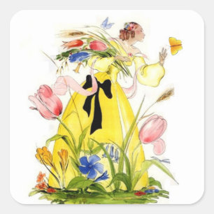 Vintage Sticker Garden Lady Reaching For Butterfly