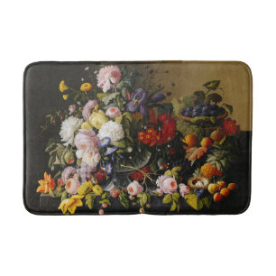 Vintage Still Life Flowers and Fruits Bath Mat