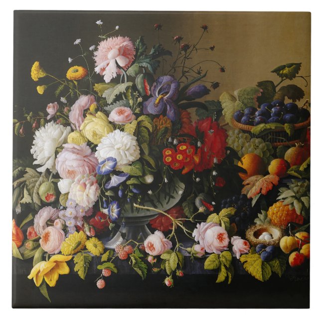 Vintage Still Life Flowers and Fruits Ceramic Tile (Front)