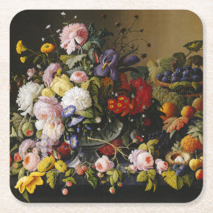 Vintage Still Life Flowers and Fruits Square Paper Coaster