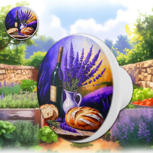 Vintage Still Life Wine, French Bread and Lavender Ceramic Knob