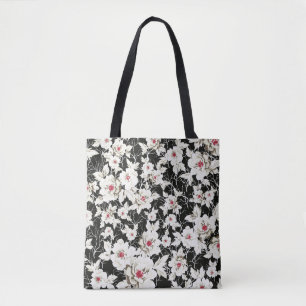 vintage stock flowers pattern on black background tote bag