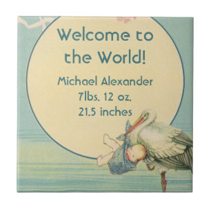 Vintage Stork Baby Boy Blanket, Welcome to World Ceramic Tile