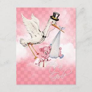 Vintage Stork Baby Girl Shower Invitation
