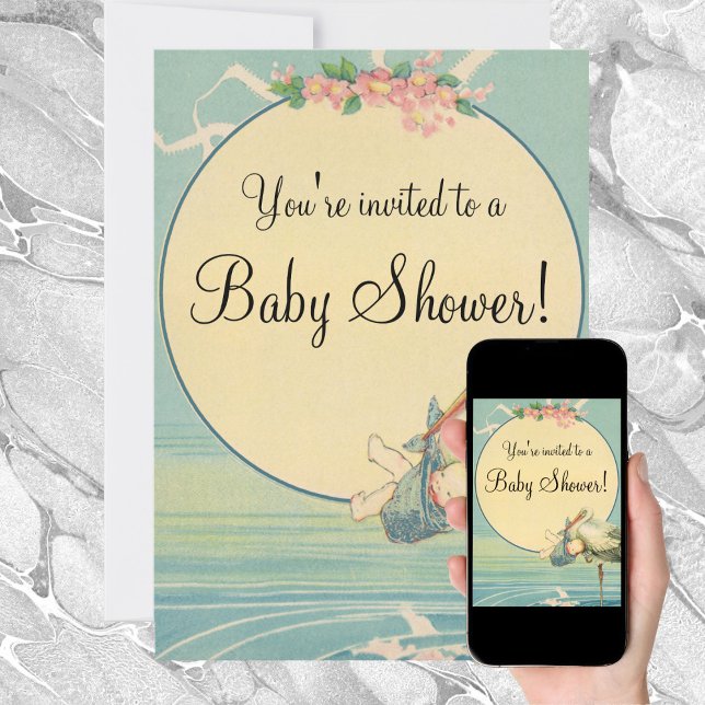 Vintage Stork Blue Blanket Baby Shower Invitation (Creator Uploaded)
