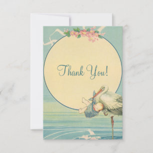 Vintage Stork Blue Boy Baby Shower Thank You Card