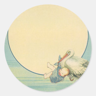 Vintage Stork Carrying Baby Boy in Blue Blanket Classic Round Sticker