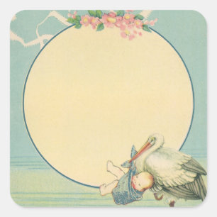 Vintage Stork Carrying Baby Boy in Blue Blanket Square Sticker