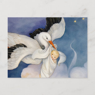 Vintage Stork Delivering Baby Watercolor Postcard