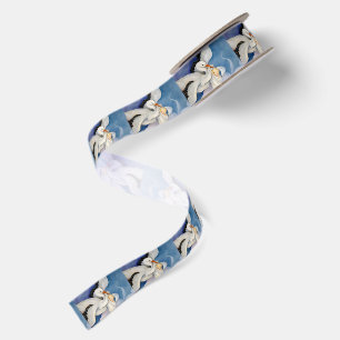 Vintage Stork Delivering Baby Watercolor  Satin Ribbon