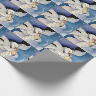 Vintage Stork Delivering Baby Watercolor Wrapping Paper