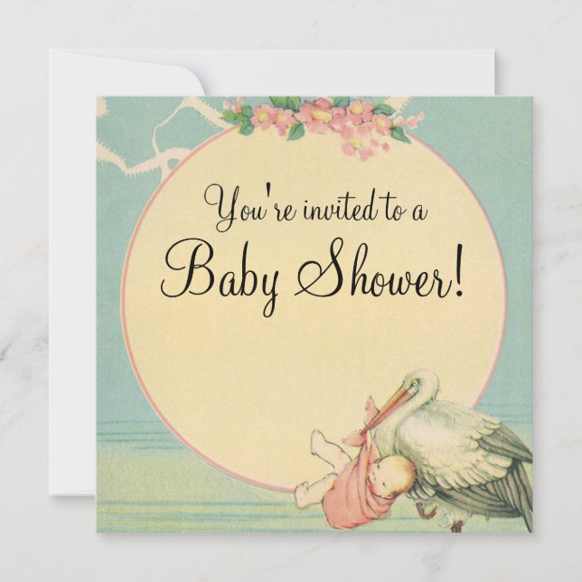 Vintage Stork Pink Blanket Baby Shower Invitation (Front)