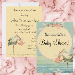 Vintage Stork Pink Blanket, Baby Shower Invitation