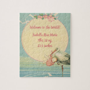 Vintage Stork with Baby Girl in Pink Blanket Jigsaw Puzzle