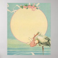 Vintage Stork with Baby Girl in Pink Blanket
