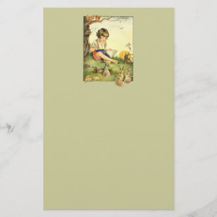 Vintage Storybook Child Reading with Rabbits Stationery
