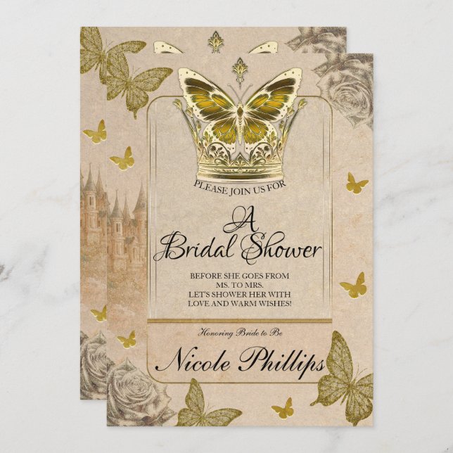 Vintage Storybook Gold Butterfly Bridal Shower Invitation (Front/Back)