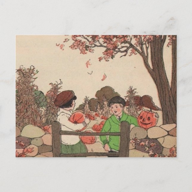 Vintage Storybook Kids & Pumpkins Postcard (Front)