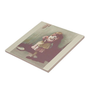 Vintage Storybook Pretty Girl Child with Kitten Ceramic Tile
