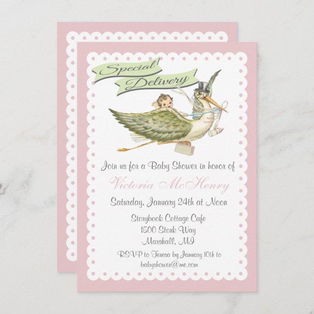 Vintage Storybook Stork Baby Shower Invitations (Front/Back)