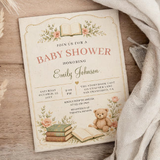 Vintage Storybook Teddy Bear Books Baby Shower Invitation