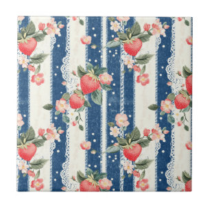 Vintage Strawberries & Blooms on Blue Stripes (2) Ceramic Tile
